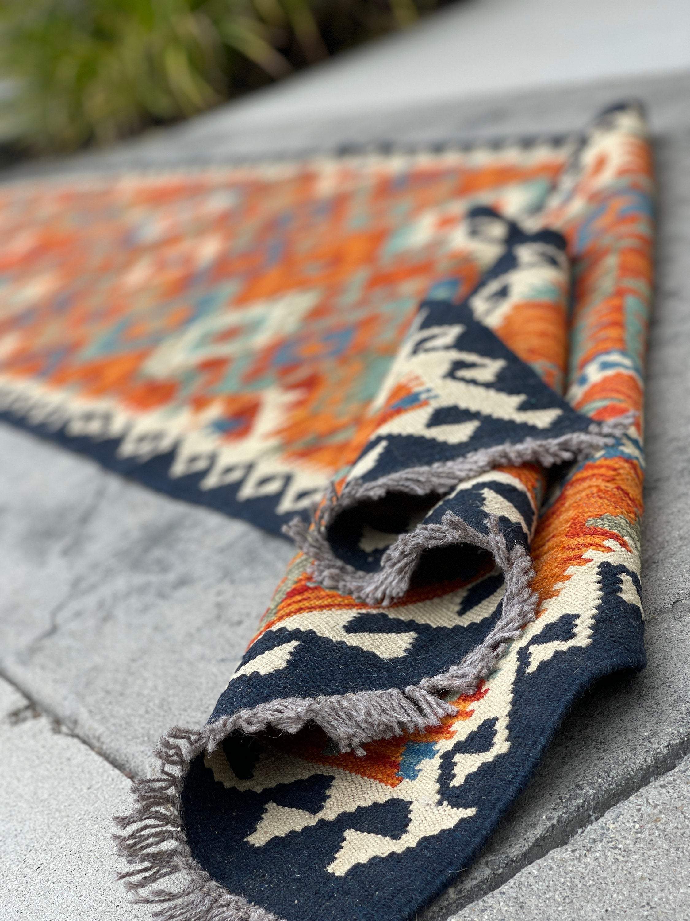 3x13 (90x395) Handmade Afghan Kilim Rug Runner | Midnight Blue Ivory Burnt Orange Turquoise | Flatweave Flat Weave Tribal Oriental Boho Wool