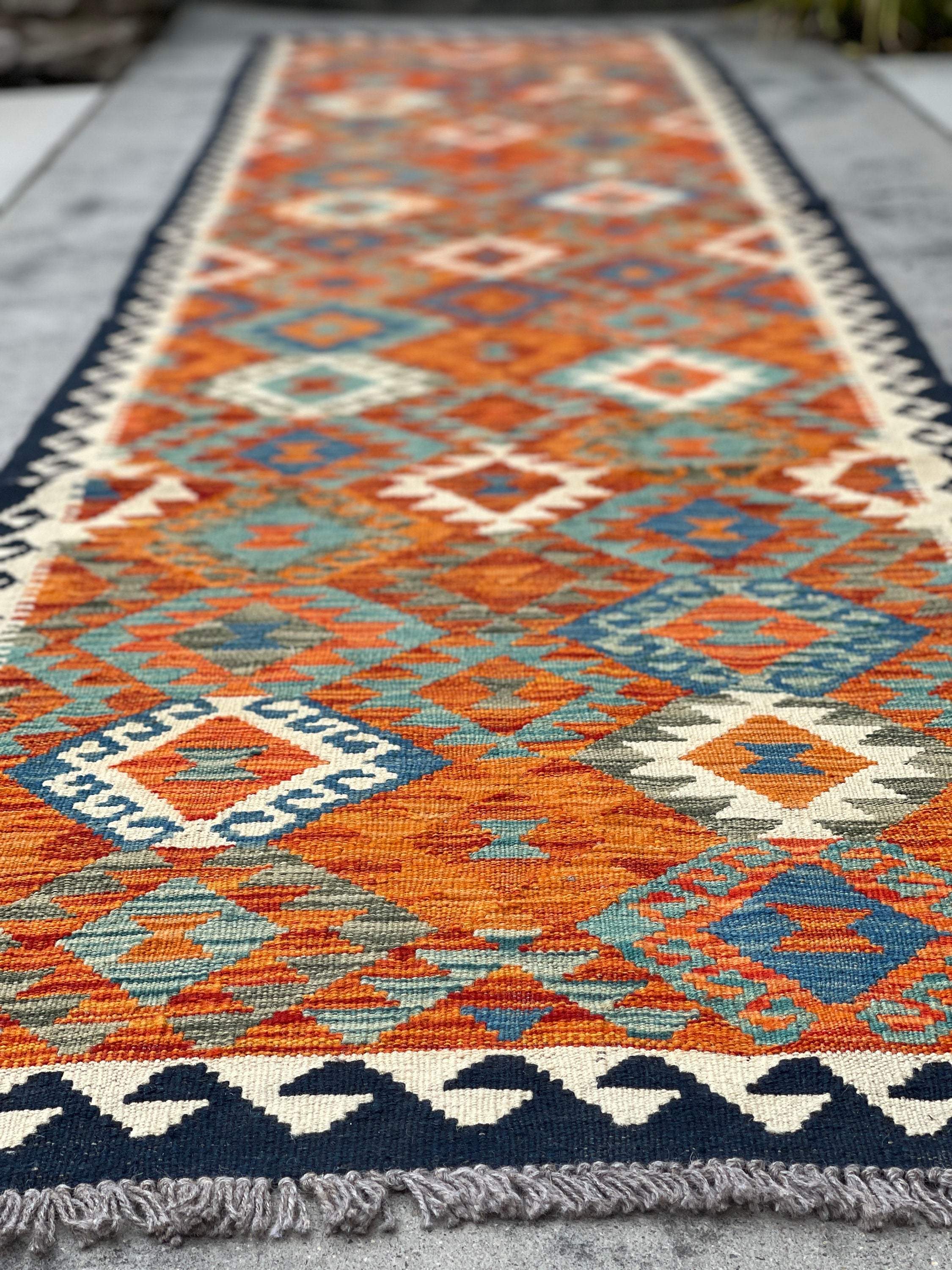 3x13 (90x395) Handmade Afghan Kilim Rug Runner | Midnight Blue Ivory Burnt Orange Turquoise | Flatweave Flat Weave Tribal Oriental Boho Wool