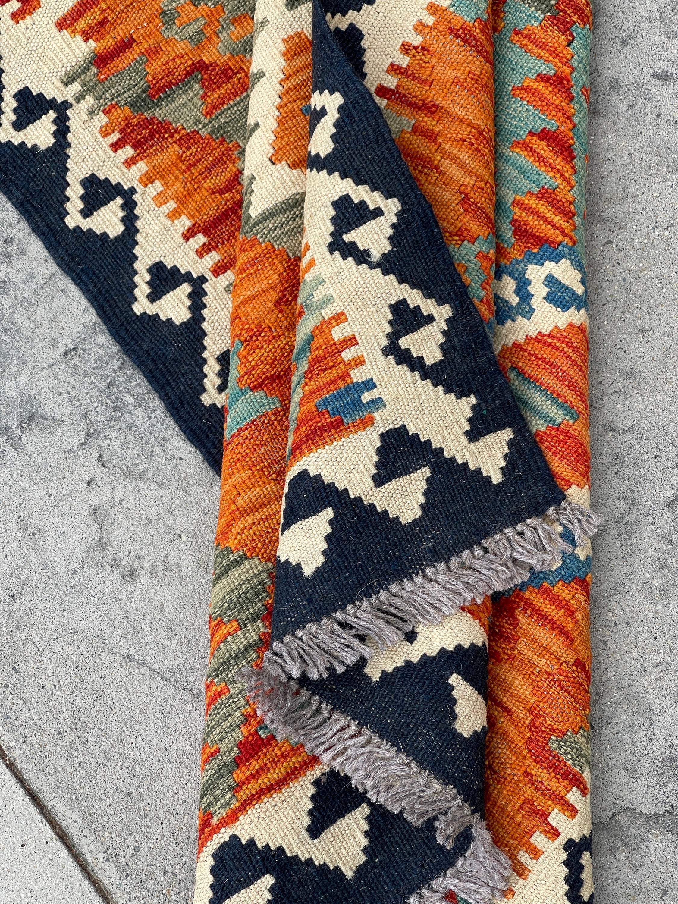 3x13 (90x395) Handmade Afghan Kilim Rug Runner | Midnight Blue Ivory Burnt Orange Turquoise | Flatweave Flat Weave Tribal Oriental Boho Wool