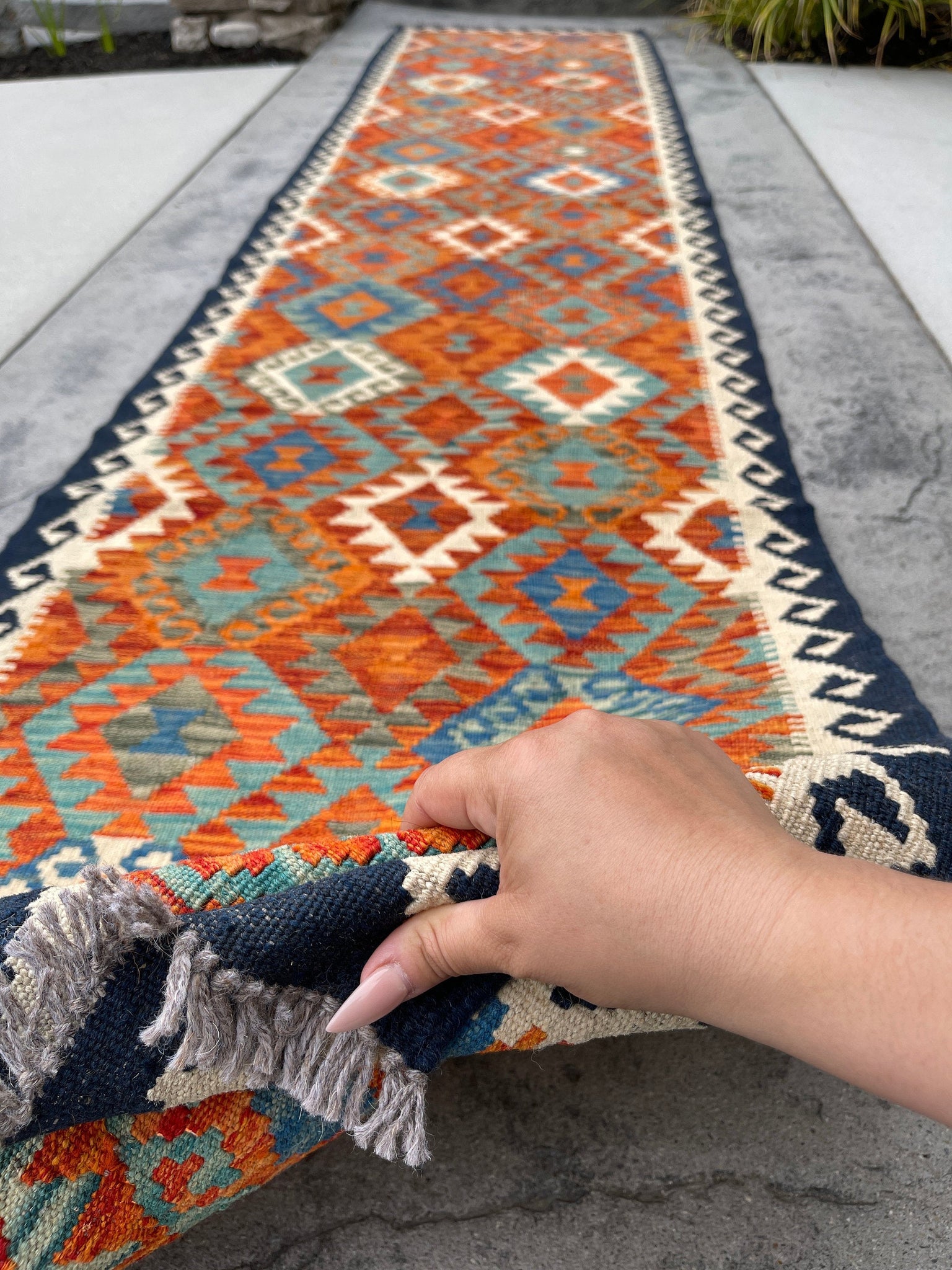 3x13 (90x395) Handmade Afghan Kilim Rug Runner | Midnight Blue Ivory Burnt Orange Turquoise | Flatweave Flat Weave Tribal Oriental Boho Wool