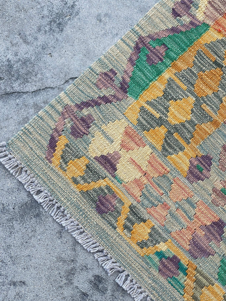 3x10 (90x305) Handmade Afghan Kilim Rug Runner | Moss Green Pink Orange Purple Ivory Cream Mustard | Bohemian Boho Oriental Flatweave Jute