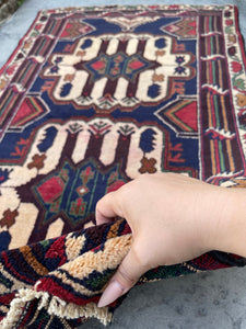 3x5 (90x150) Handmade Vintage Afghan Rug | Nomadic Baluch | Indigo Red Coffee Brown Beige Green | Tribal Rug | Boho Rug