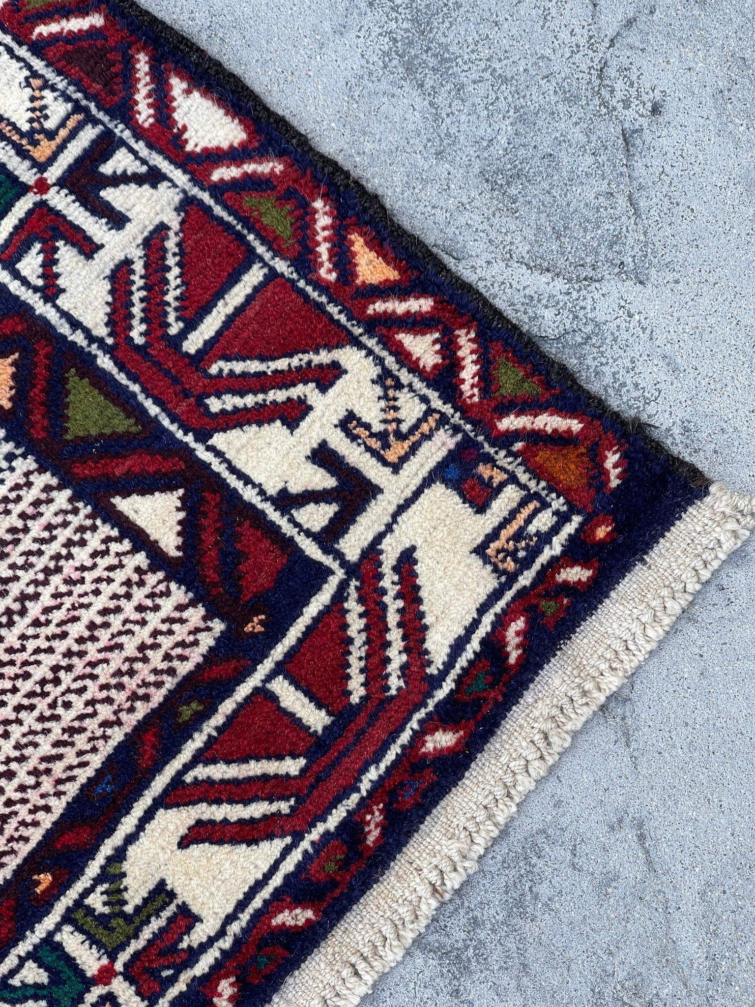 3x5 (90x150) Handmade Vintage Afghan Rug | Nomadic Baluch | White Crimson Red Green Blue Orange | Tribal Rug | Boho Rug