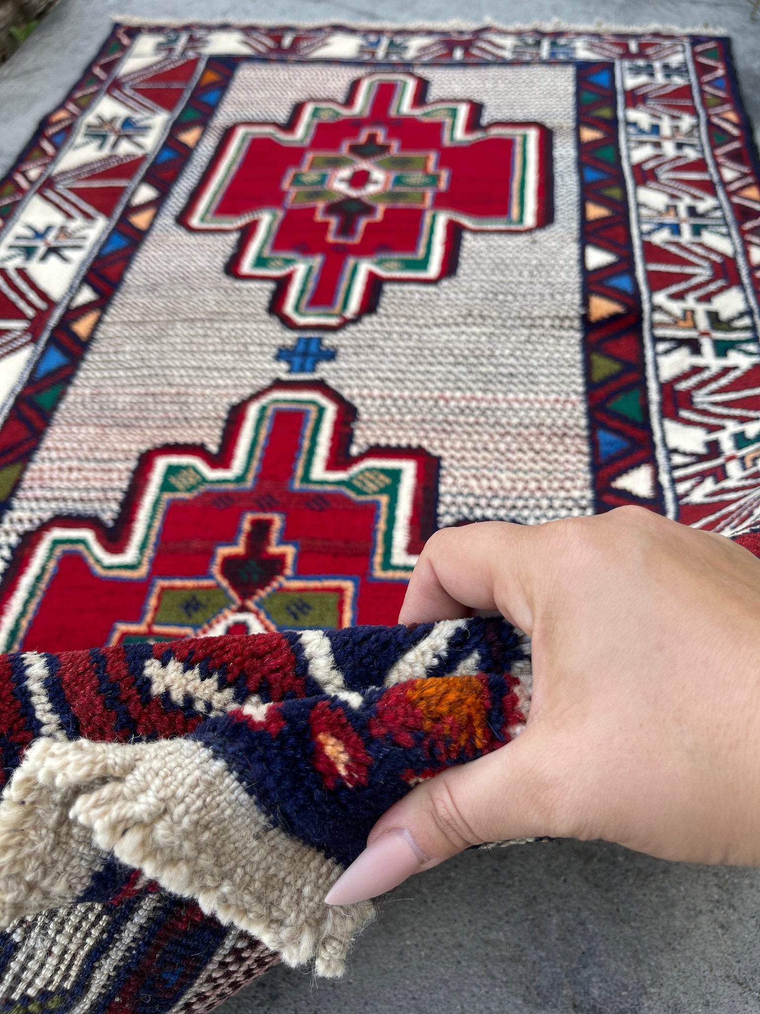 3x5 (90x150) Handmade Vintage Afghan Rug | Nomadic Baluch | White Crimson Red Green Blue Orange | Tribal Rug | Boho Rug