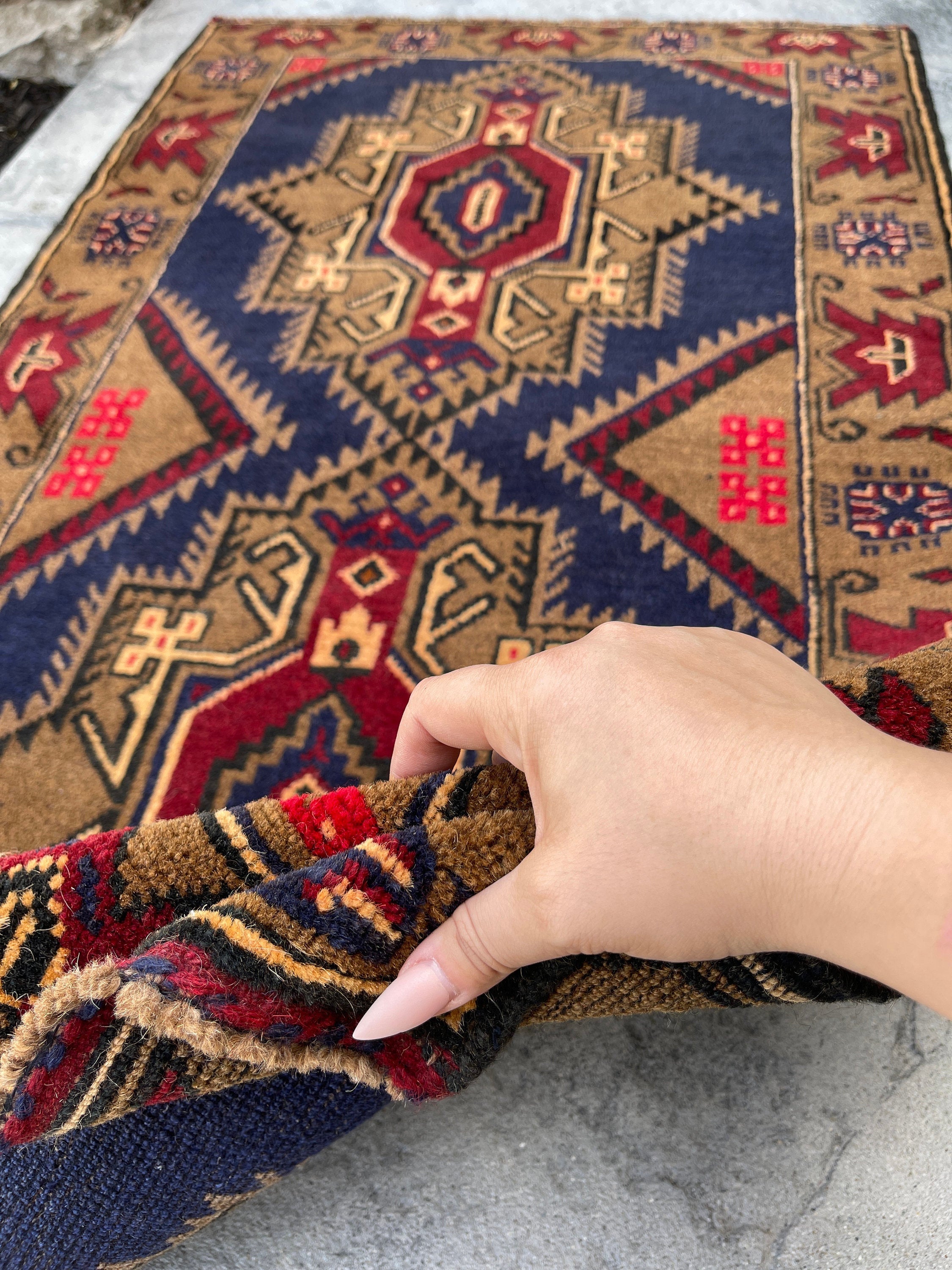 3x5 (90x150) Handmade Vintage Afghan Rug | Indigo Navy Blue Coffee Brown Red | Nomadic Baluch Boho Bohemian Tribal Turkish Moroccan Wool