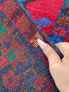 3x5 (90x150) Handmade Vintage Afghan Rug | Navy Royal Blue Red Brown Orange Green| Nomadic Baluch Boho Bohemian Tribal Turkish Moroccan Wool