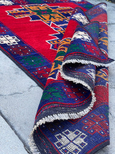 3x5 (90x150) Handmade Vintage Afghan Rug | Navy Blue Red Orange Green| Nomadic Baluch Boho Bohemian Tribal Turkish Moroccan Wool
