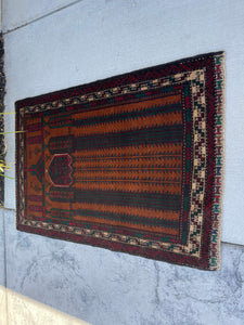 3x4 (90x120) Handmade Vintage Afghan Rug | Black Red Green Orange Tan | Nomadic Baluch Boho Bohemian Tribal Turkish Moroccan Wool