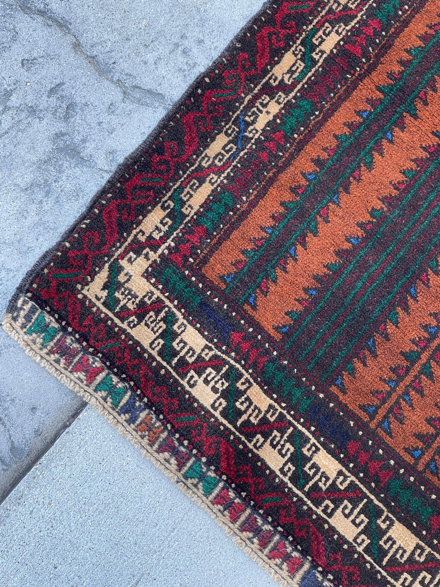 3x4 (90x120) Handmade Vintage Afghan Rug | Black Red Green Orange Tan | Nomadic Baluch Boho Bohemian Tribal Turkish Moroccan Wool