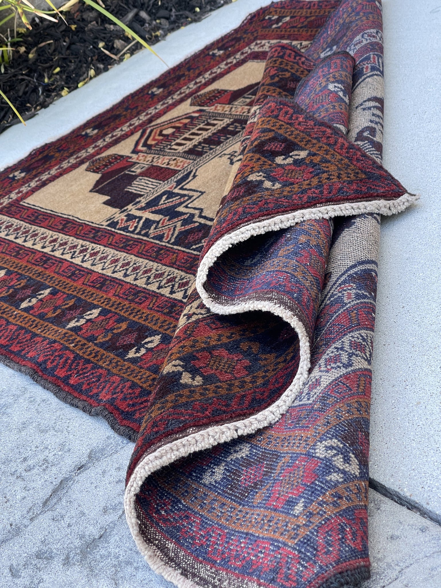 3x5 (90x150) Handmade Vintage Afghan Rug | Red Mocha Peanut Brown Beige Tan | Nomadic Baluch Boho Bohemian Tribal Turkish Moroccan Wool