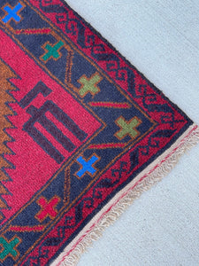 3x5 (90x150) Handmade Vintage Afghan Rug | Navy Blue Red Brown Green White Maroon| Nomadic Baluch Boho Bohemian Tribal Turkish Moroccan Wool
