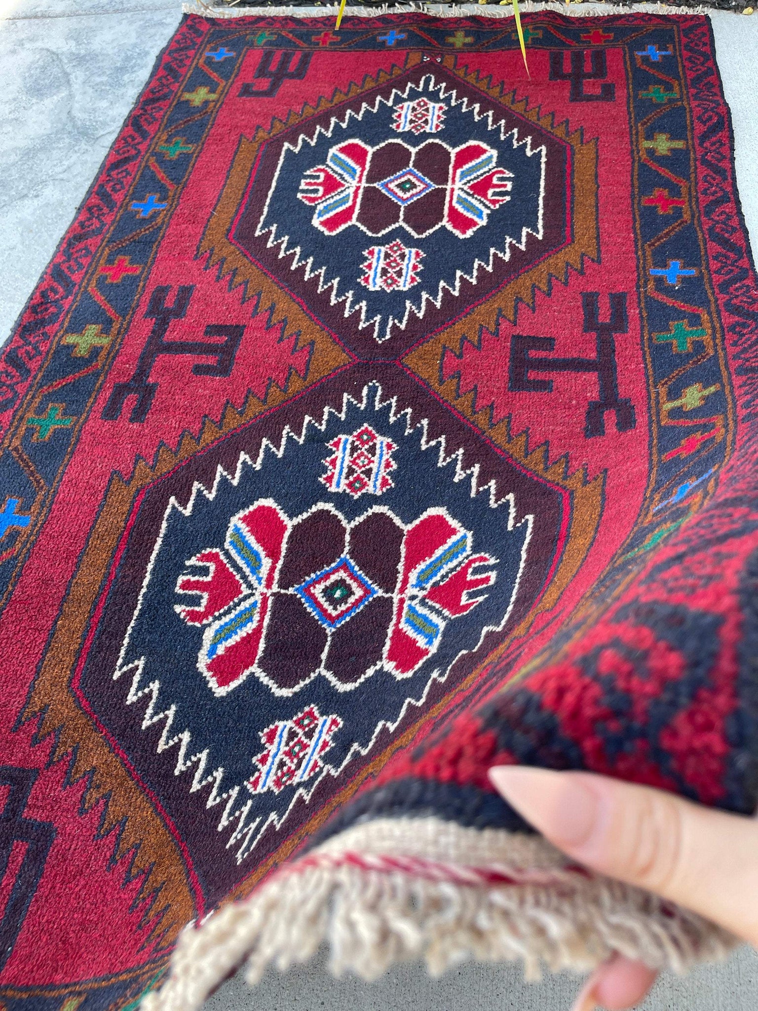 3x5 (90x150) Handmade Vintage Afghan Rug | Navy Blue Red Brown Green White Maroon| Nomadic Baluch Boho Bohemian Tribal Turkish Moroccan Wool