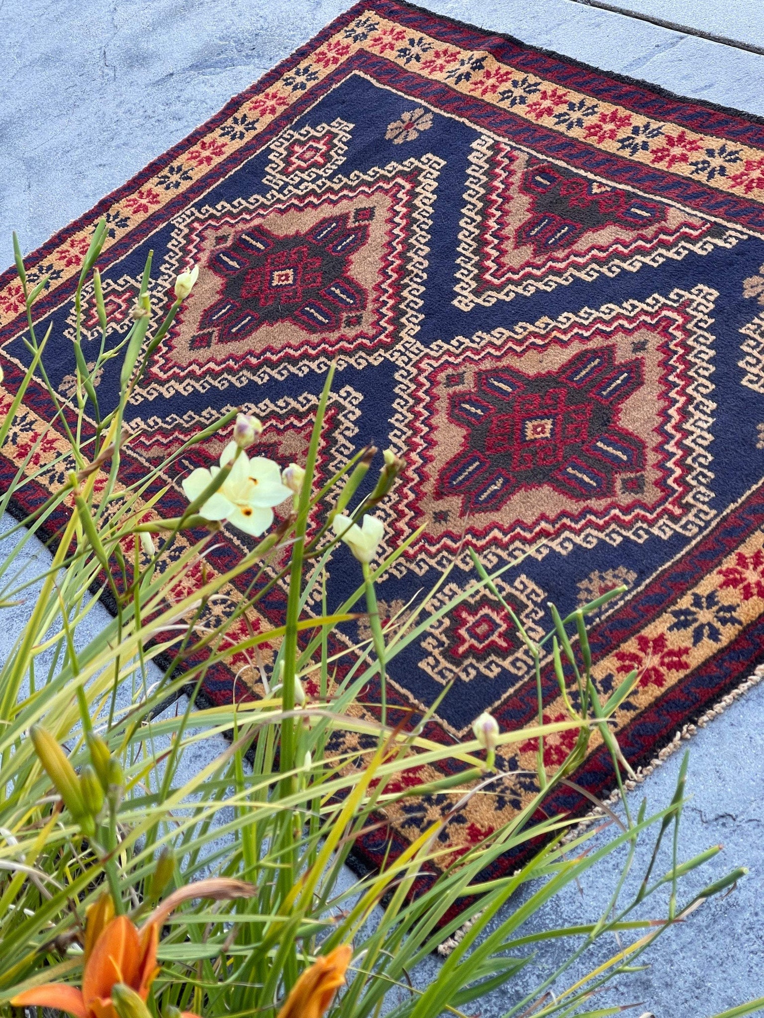 3x5 (90x150) Handmade Afghan Kilim Rug | Red Navy Blue Gold Tan | Flatweave Boho Tribal Turkish Moroccan Oriental Wool Outdoor