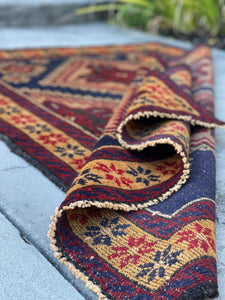 3x5 (90x150) Handmade Afghan Kilim Rug | Red Navy Blue Gold Tan | Flatweave Boho Tribal Turkish Moroccan Oriental Wool Outdoor