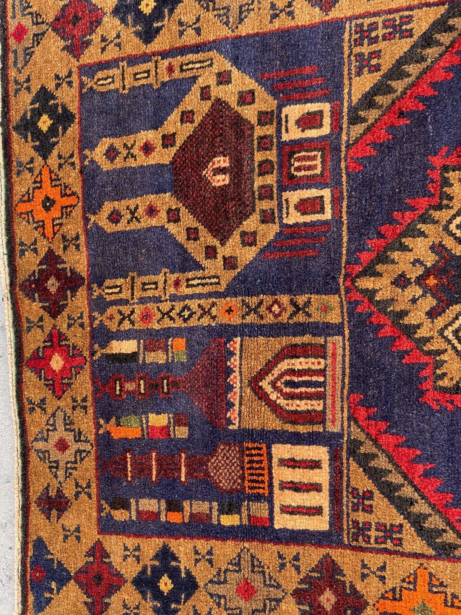 3x5 (90x150) Handmade Vintage Afghan Rug | Gold Navy Blue Red | Nomadic Baluch Boho Bohemian Tribal Turkish Moroccan Wool