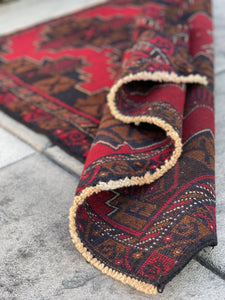 3x5 (90x150) Handmade Vintage Afghan Rug | Red Navy Blue Gold | Nomadic Baluch Boho Bohemian Tribal Turkish Moroccan Wool