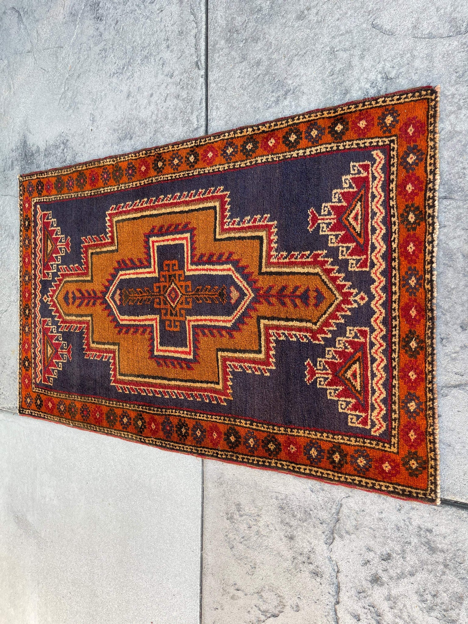 3x5 (90x150) Handmade Vintage Afghan Rug | Burnt Orange Navy Blue Gold | Nomadic Baluch Boho Bohemian Tribal Turkish Moroccan Wool