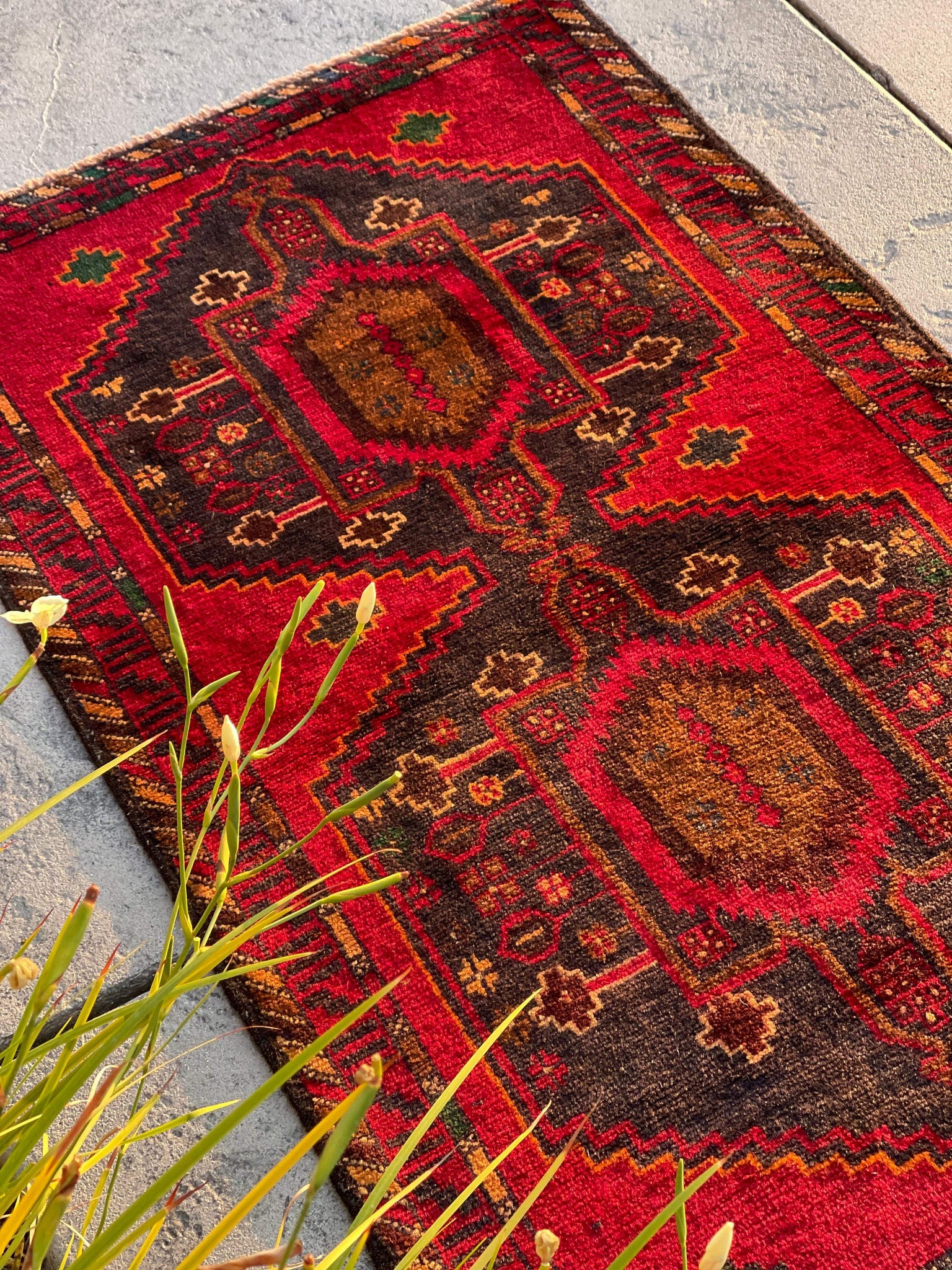 3x5 (90x150) Handmade Vintage Afghan Rug | Red Black Orange Grey Gray Green | Nomadic Baluch Boho Bohemian Tribal Turkish Moroccan Wool