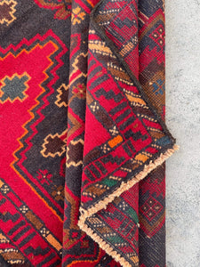 3x5 (90x150) Handmade Vintage Afghan Rug | Red Black Orange Grey Gray Green | Nomadic Baluch Boho Bohemian Tribal Turkish Moroccan Wool