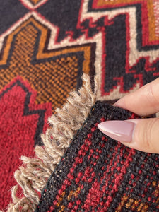 3x5 (90x150) Handmade Vintage Afghan Rug | Red Black Orange | Nomadic Baluch Boho Bohemian Tribal Turkish Moroccan Wool