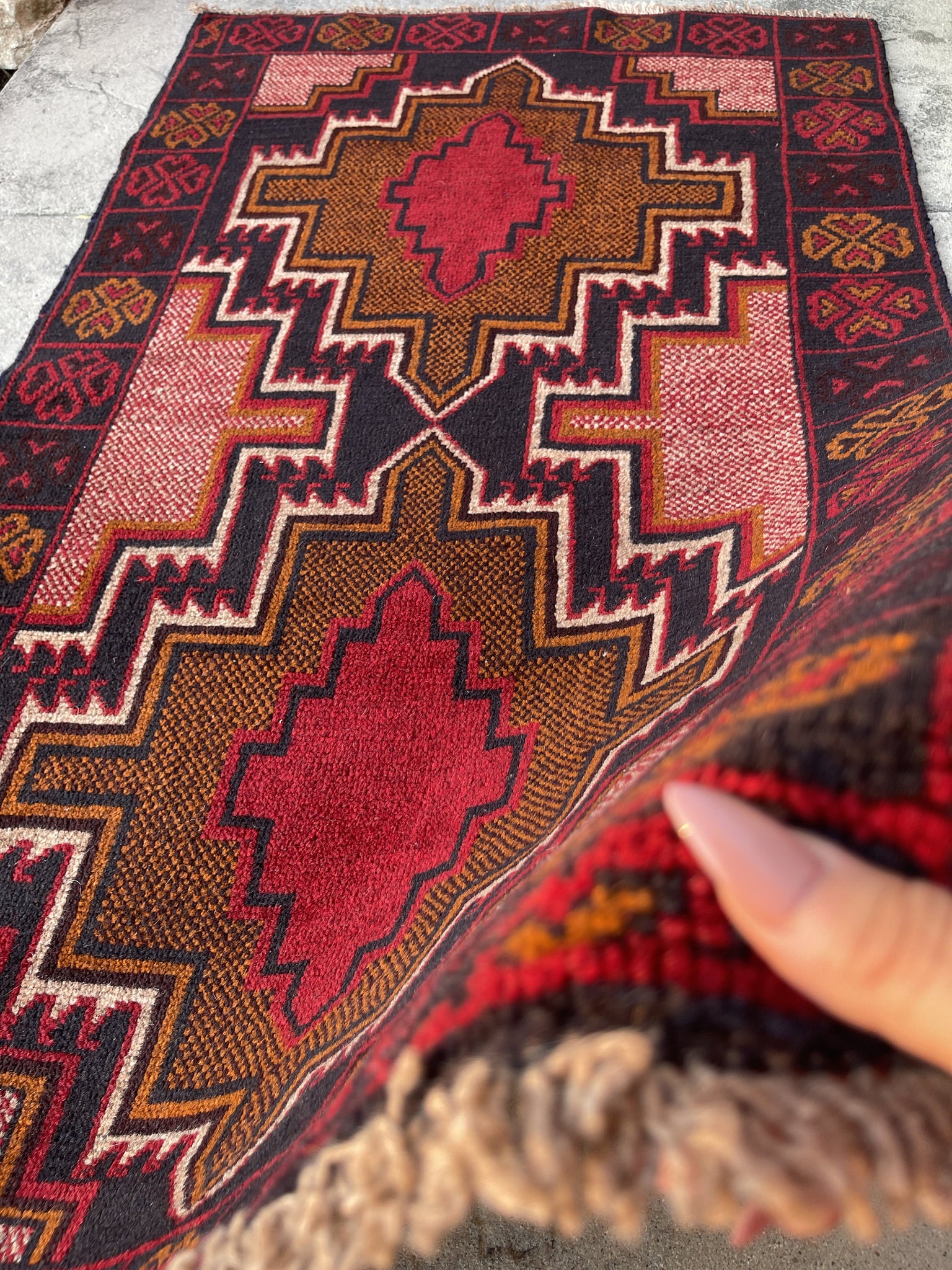 3x5 (90x150) Handmade Vintage Afghan Rug | Red Black Orange | Nomadic Baluch Boho Bohemian Tribal Turkish Moroccan Wool