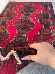3x5 (90x150) Handmade Vintage Afghan Rug | Red Navy Blue Gold | Nomadic Baluch Boho Bohemian Tribal Turkish Moroccan Wool