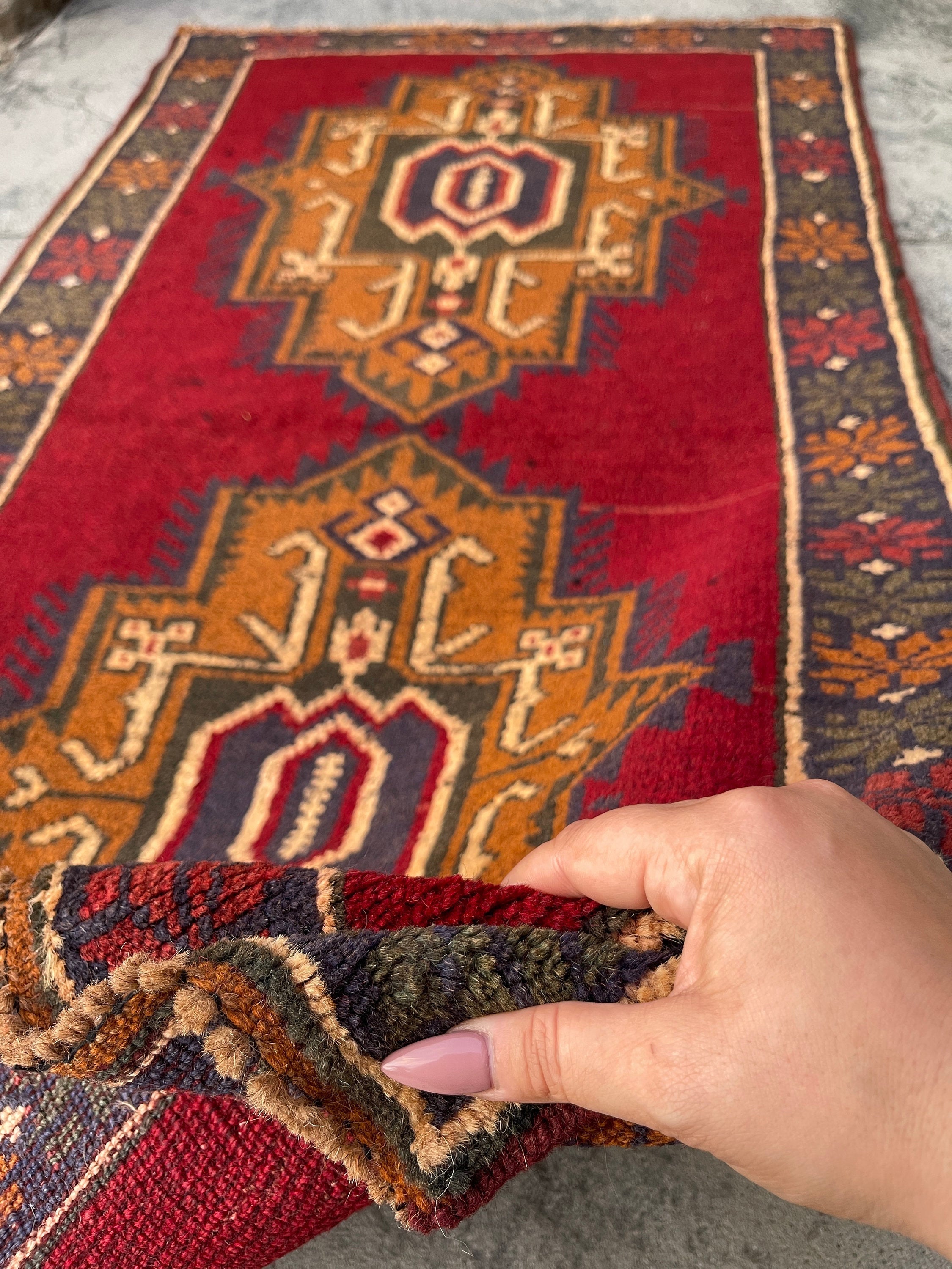 3x5 (90x150) Handmade Vintage Afghan Rug | Red Orange Beige Green Purple | Nomadic Baluch Boho Bohemian Tribal Turkish Moroccan Wool