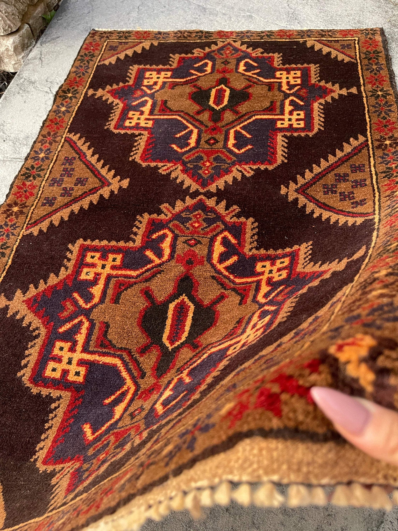 3x5 (90x150) Handmade Vintage Afghan Rug | Tan Coffee Brown Red Orange Indigo | Nomadic Baluch Boho Bohemian Tribal Turkish Moroccan Wool