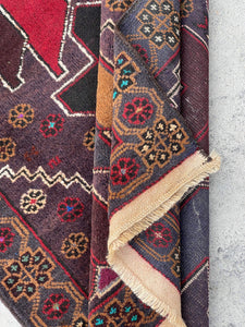 3x5 (90x150) Handmade Vintage Afghan Rug | Purple Mauve Red Black Gold White | Nomadic Baluch Boho Bohemian Tribal Turkish Moroccan Wool