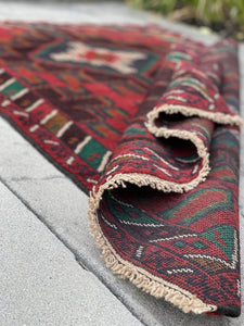 3x5 (90x150) Handmade Vintage Afghan Rug | Red Brown Indigo Green Orange | Nomadic Baluch Boho Bohemian Tribal Turkish Moroccan Wool