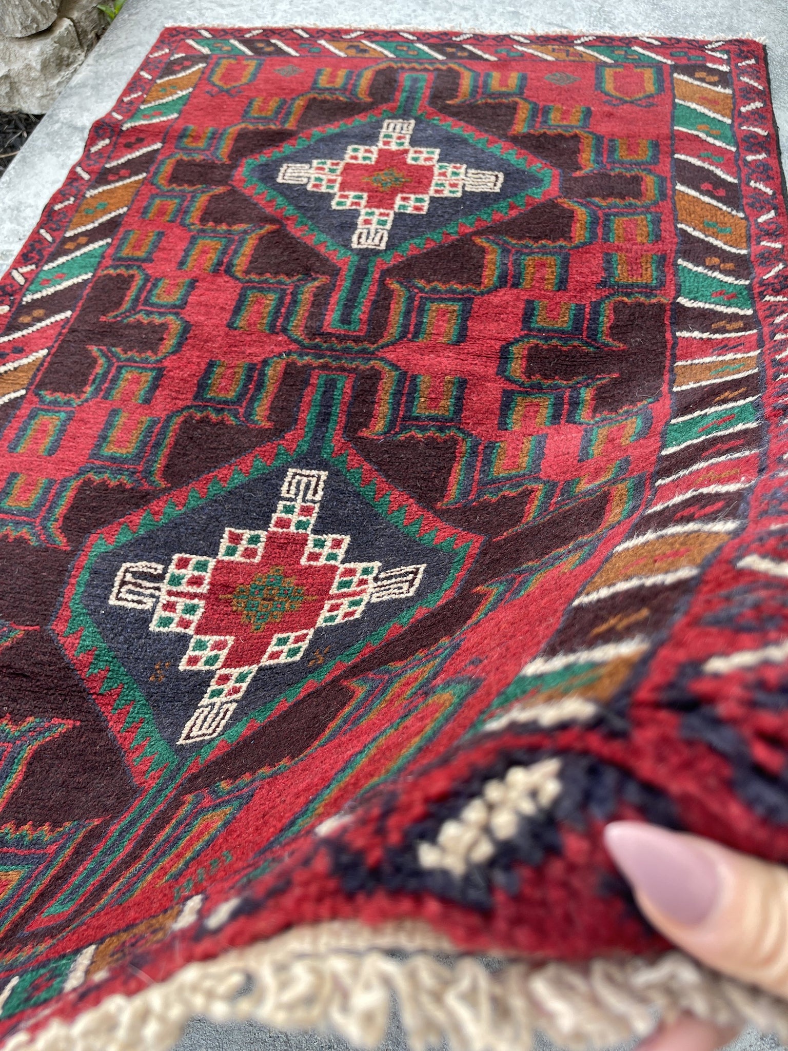 3x5 (90x150) Handmade Vintage Afghan Rug | Red Brown Indigo Green Orange | Nomadic Baluch Boho Bohemian Tribal Turkish Moroccan Wool