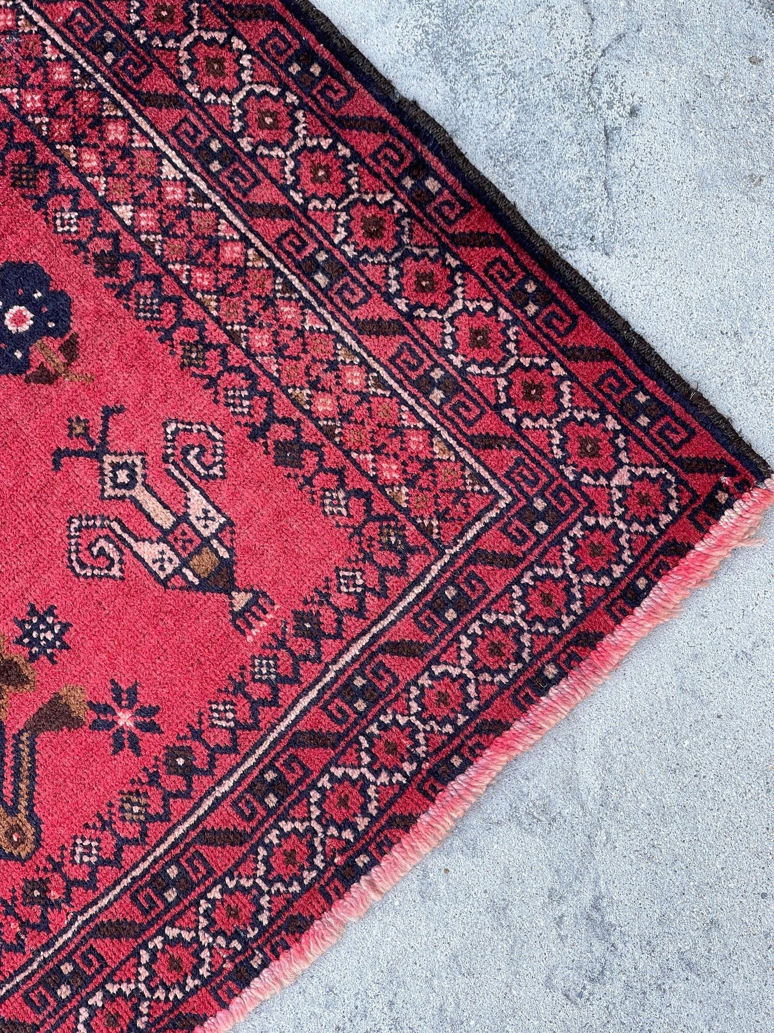 3x5 (90x150) Handmade Vintage Afghan Rug | Red Pink Salmon Brown Indigo | Nomadic Baluch Boho Bohemian Tribal Turkish Moroccan Wool