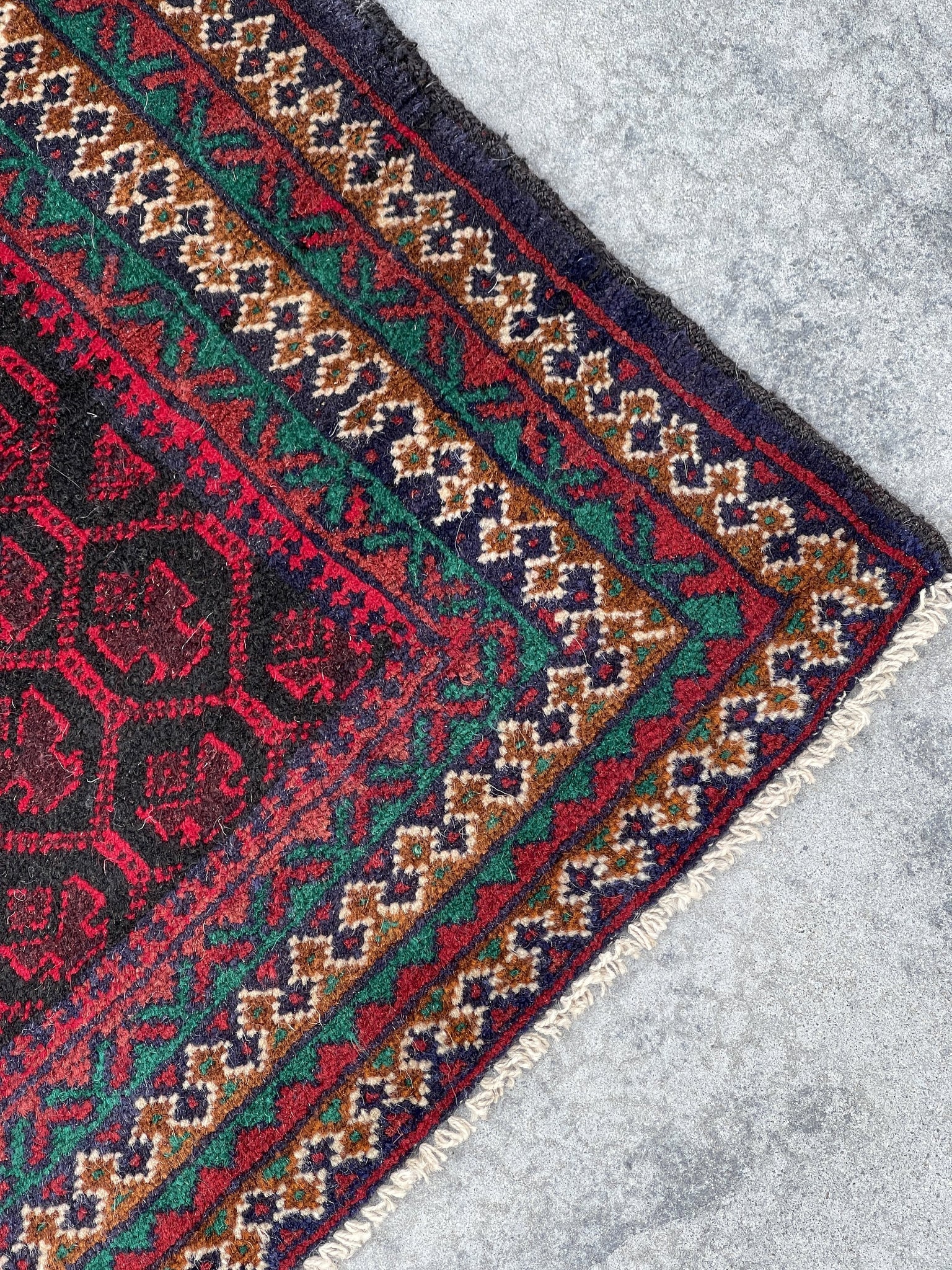 3x5 (90x150) Handmade Vintage Afghan Rug | Indigo Red Brown White Turquoise | Nomadic Baluch Boho Bohemian Tribal Turkish Moroccan Wool