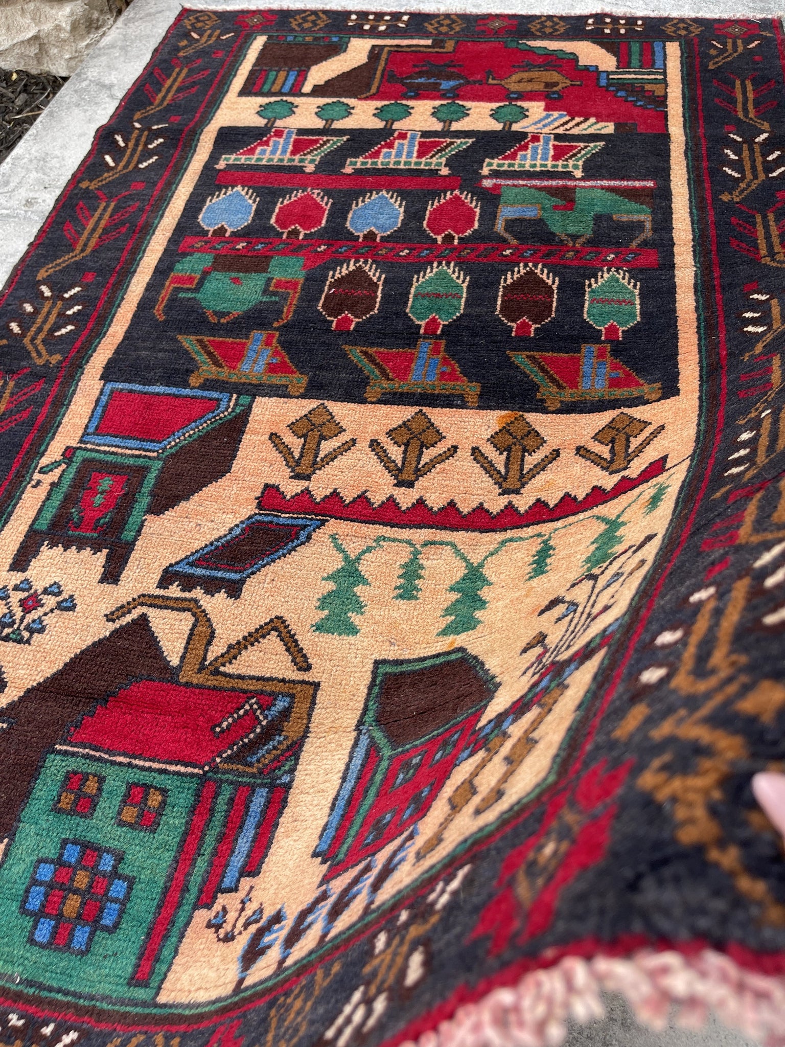 3x5 (90x150) Handmade Vintage Afghan War Rug | Nomadic Baluch | Beige Red Green Blue Brown | Boho Bohemian Tribal Turkish Moroccan Wool