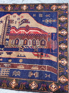 3x5 (90x150) Handmade Vintage Afghan Pictorial Rug | Nomadic Baluch | Navy Blue Black Orange Khaki | Bohemian Tribal Turkish Moroccan Wool