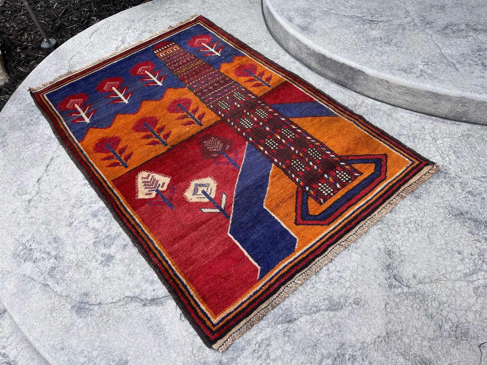 3x5 (90x150) Handmade Vintage Afghan Pictorial Rug| Saffron Rust Orange Blue Red | Nomadic Baluch Boho Bohemian Tribal Turkish Moroccan Wool