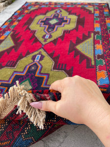 3x6 (90x180) Handmade Vintage Afghan War Rug | Nomadic Baluch | Moss Green Red Sky Blue Orange | Boho Bohemian Tribal Turkish Moroccan Wool