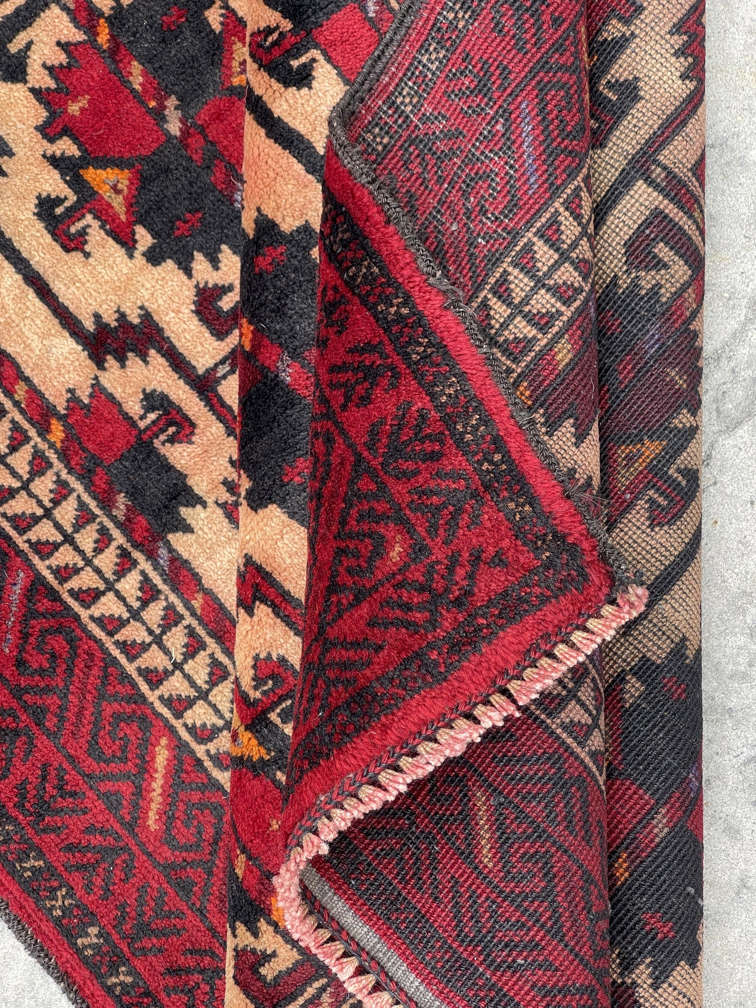 3x5 (90x150) Handmade Vintage Afghan Rug | Nomadic Baluch | Crimson Red Beige Black Orange | Boho Bohemian Tribal Turkish Moroccan Wool