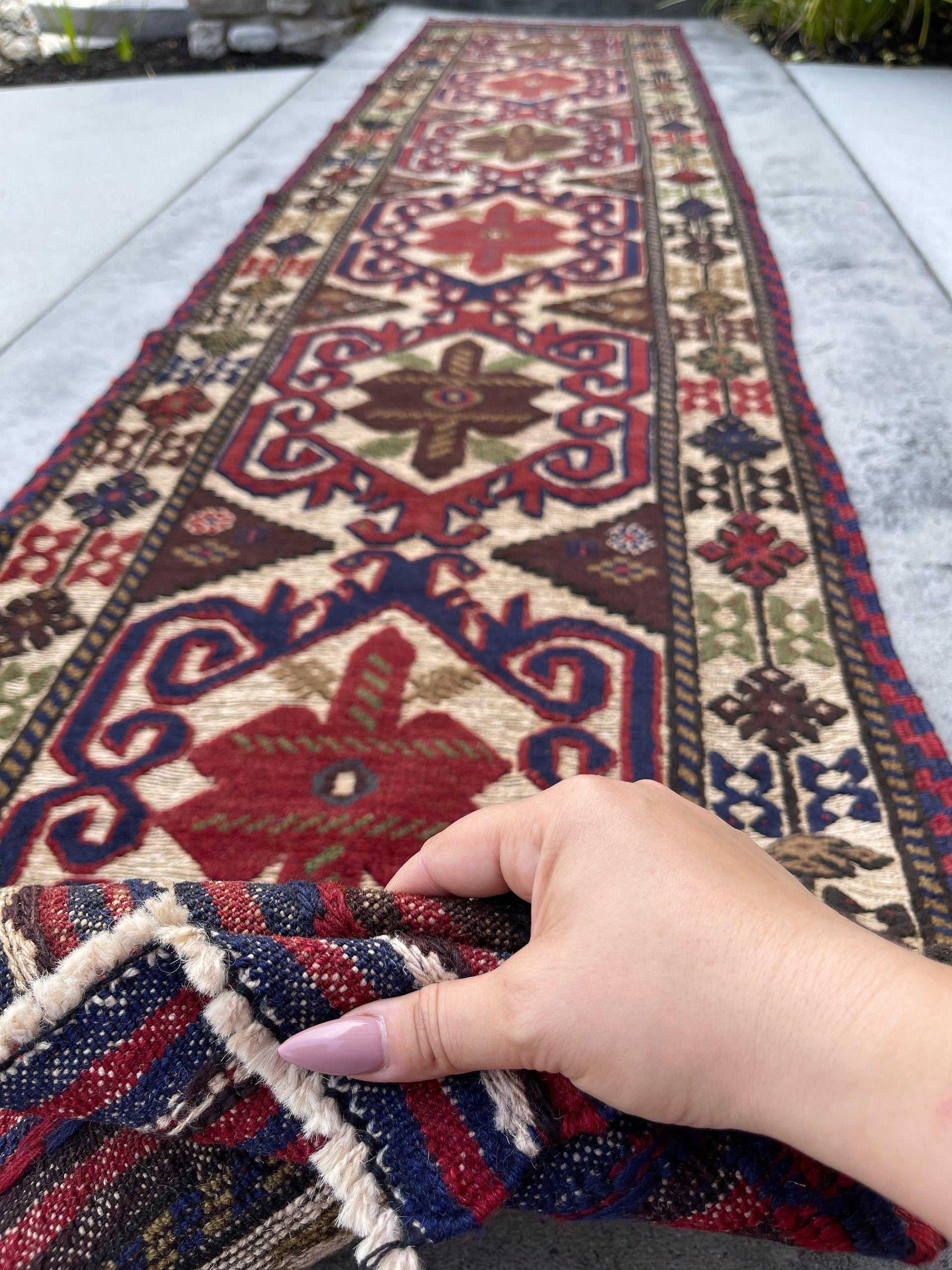 3x13 (90x395) Handmade Afghan Rug Runner | Red Beige Navy Blue Sage Green  | Flatweave Flat Weave Tribal Oriental Boho Wool Hand Knotted