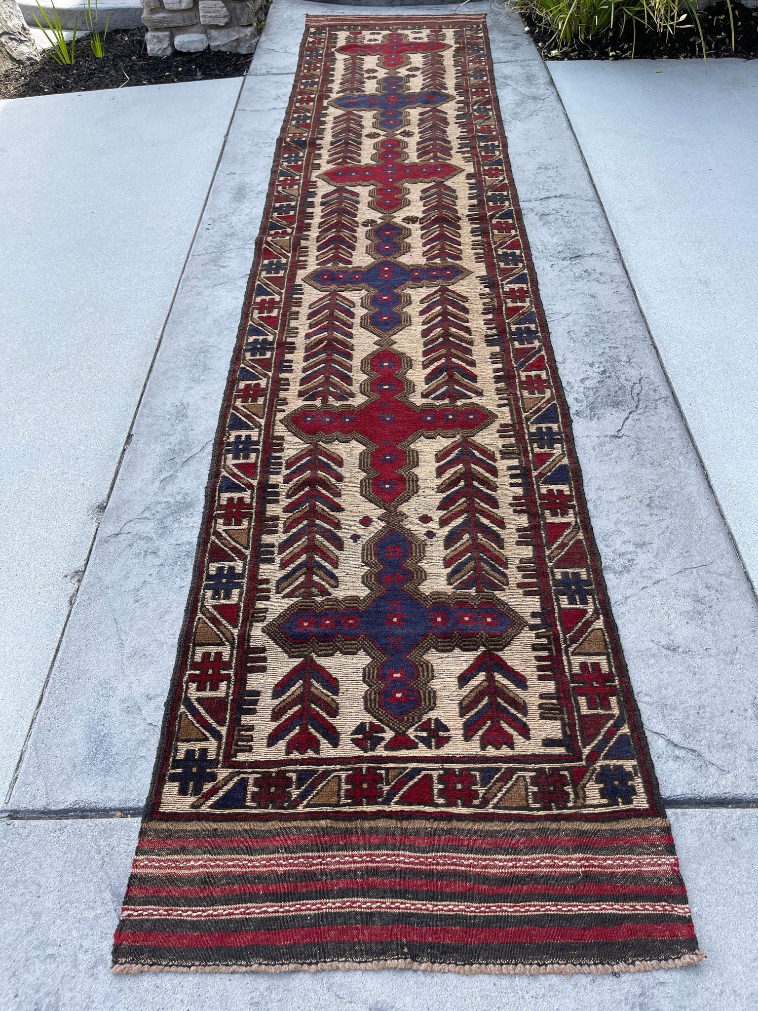 3x13 (90x395) Handmade Afghan Rug Runner | Maroon Red Navy Blue Beige Taupe | Flatweave Flat Weave Tribal Oriental Boho Wool Hand Knotted