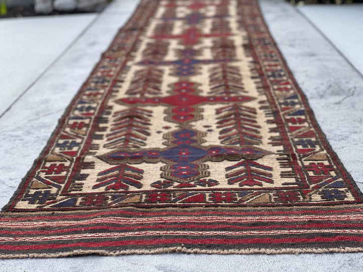 3x13 (90x395) Handmade Afghan Rug Runner | Maroon Red Navy Blue Beige Taupe | Flatweave Flat Weave Tribal Oriental Boho Wool Hand Knotted