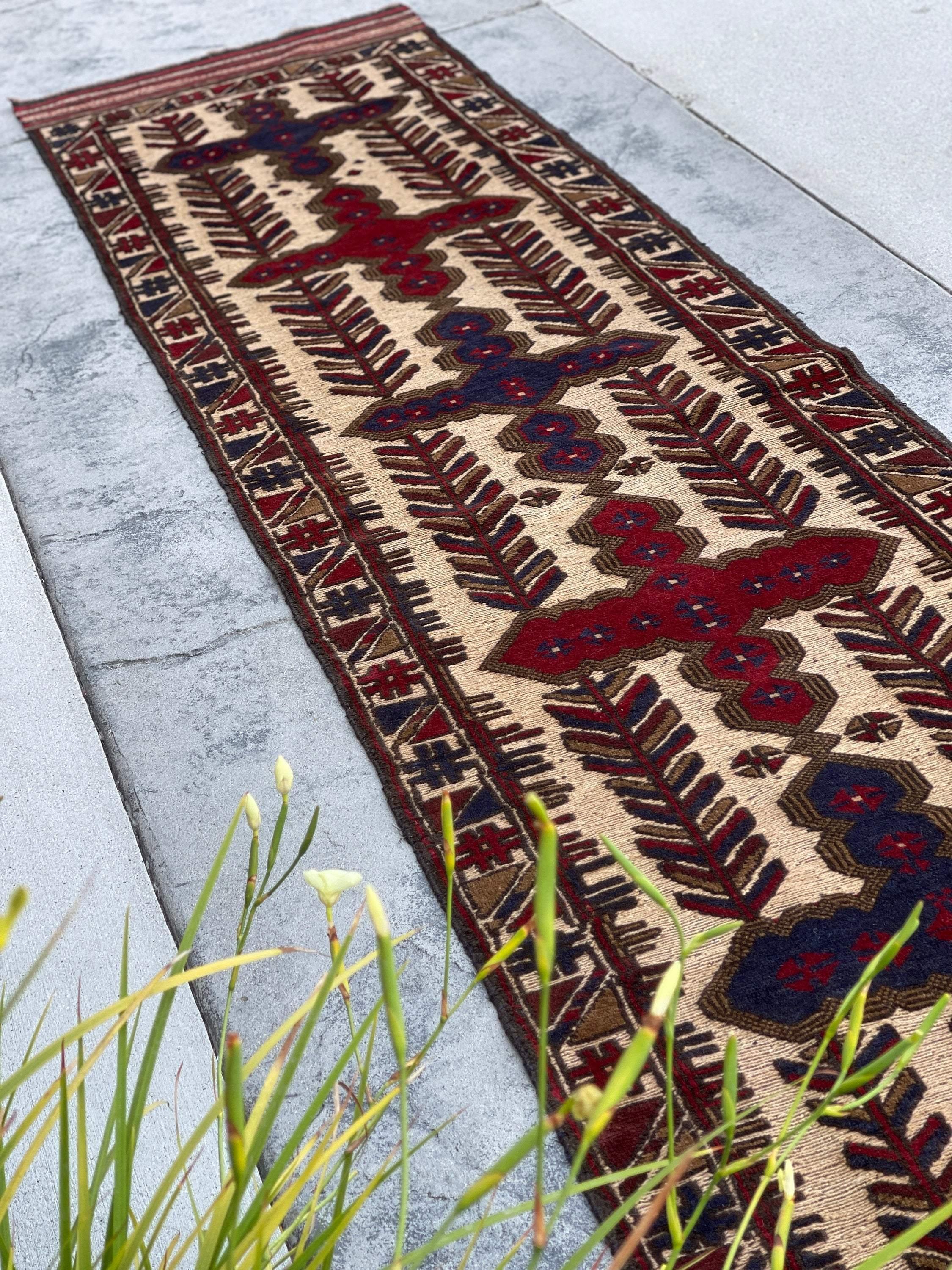 3x13 (90x395) Handmade Afghan Rug Runner | Maroon Red Navy Blue Beige Taupe | Flatweave Flat Weave Tribal Oriental Boho Wool Hand Knotted