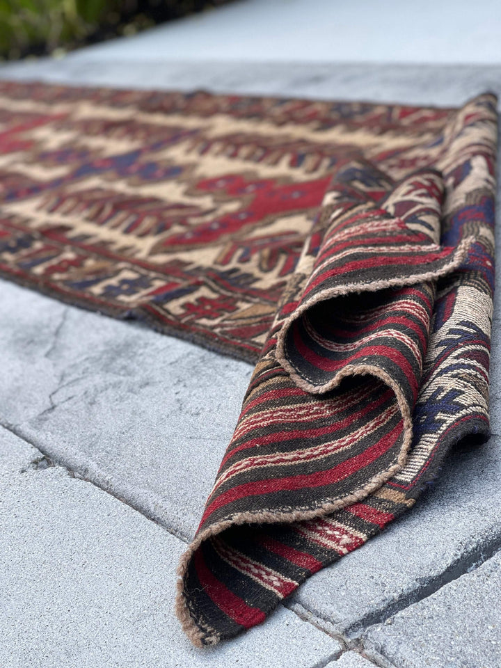 3x13 (90x395) Handmade Afghan Rug Runner | Maroon Red Navy Blue Beige Taupe | Flatweave Flat Weave Tribal Oriental Boho Wool Hand Knotted