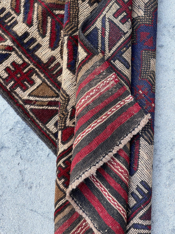 3x13 (90x395) Handmade Afghan Rug Runner | Maroon Red Navy Blue Beige Taupe | Flatweave Flat Weave Tribal Oriental Boho Wool Hand Knotted