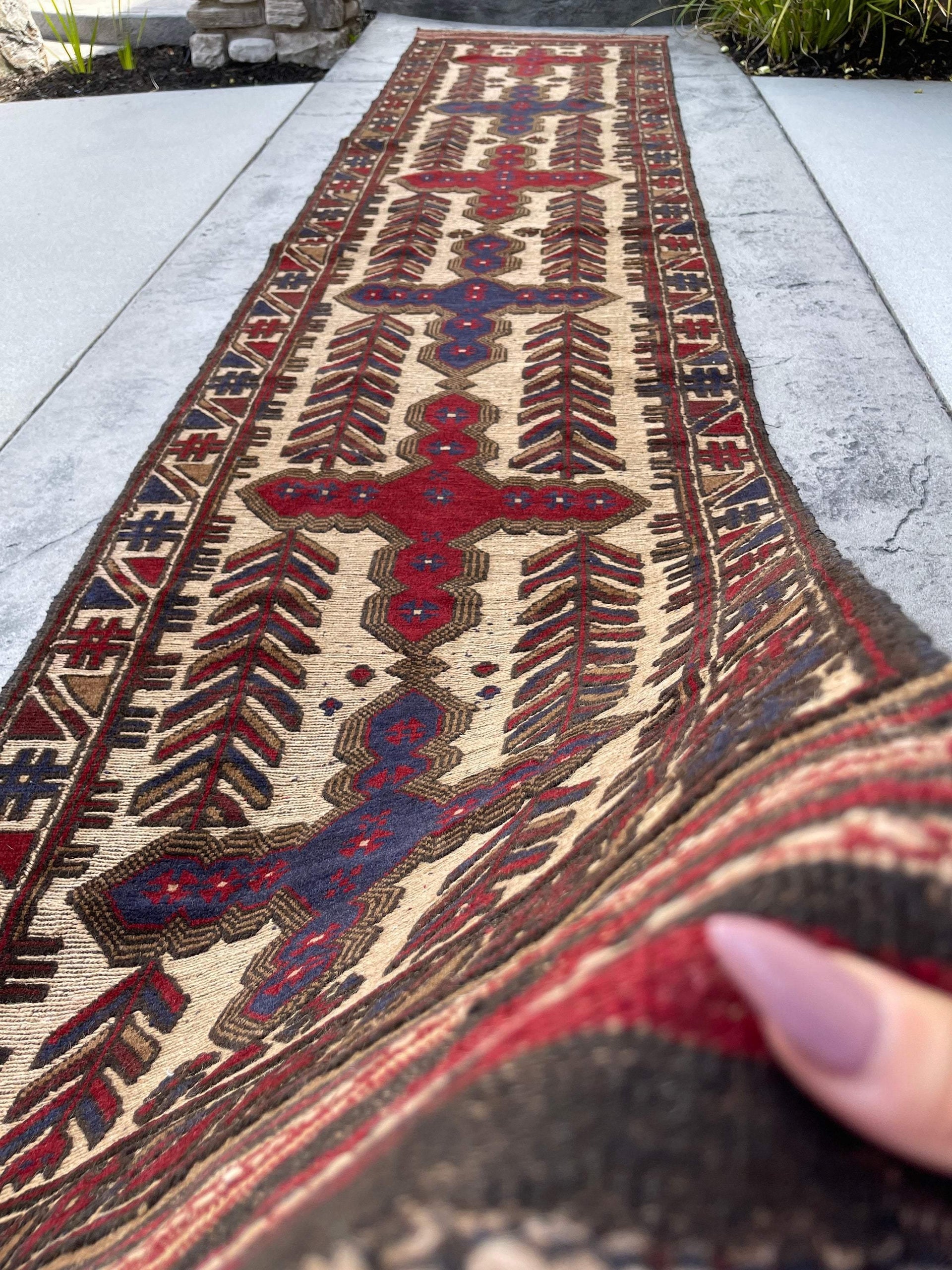 3x13 (90x395) Handmade Afghan Rug Runner | Maroon Red Navy Blue Beige Taupe | Flatweave Flat Weave Tribal Oriental Boho Wool Hand Knotted