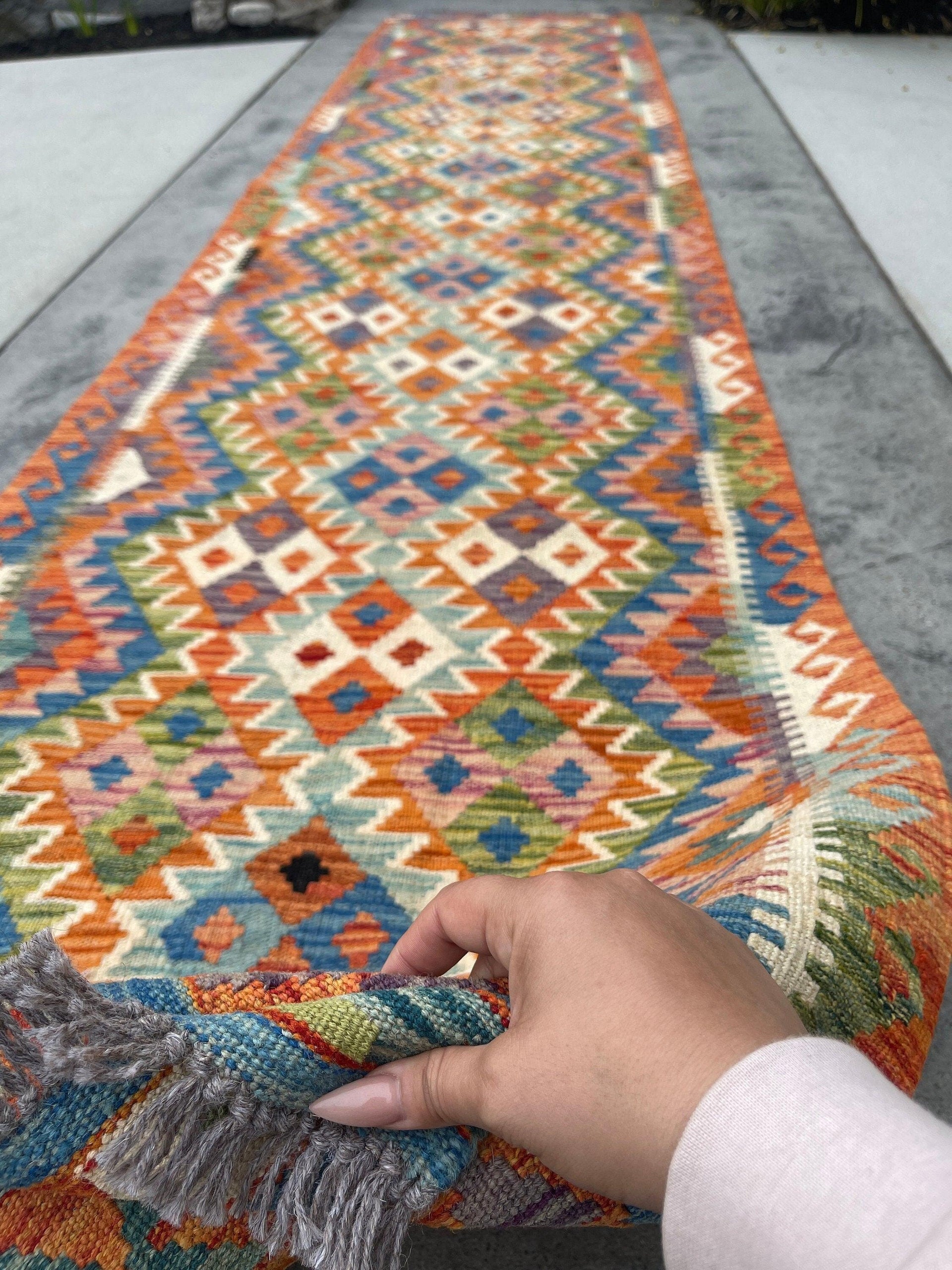3x13 (90x395) Handmade Afghan Kilim Rug Runner | Orange Salmon Pink Blue Green White Purple | Flatweave Tribal Oriental Boho Wool Turkish