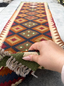 2x7 (60x215) Handmade Afghan Kilim Rug | Red Tan Rust Orange Red Moss Green | Boho Bohemian Vintage Tribal Moroccan Turkish Outdoor