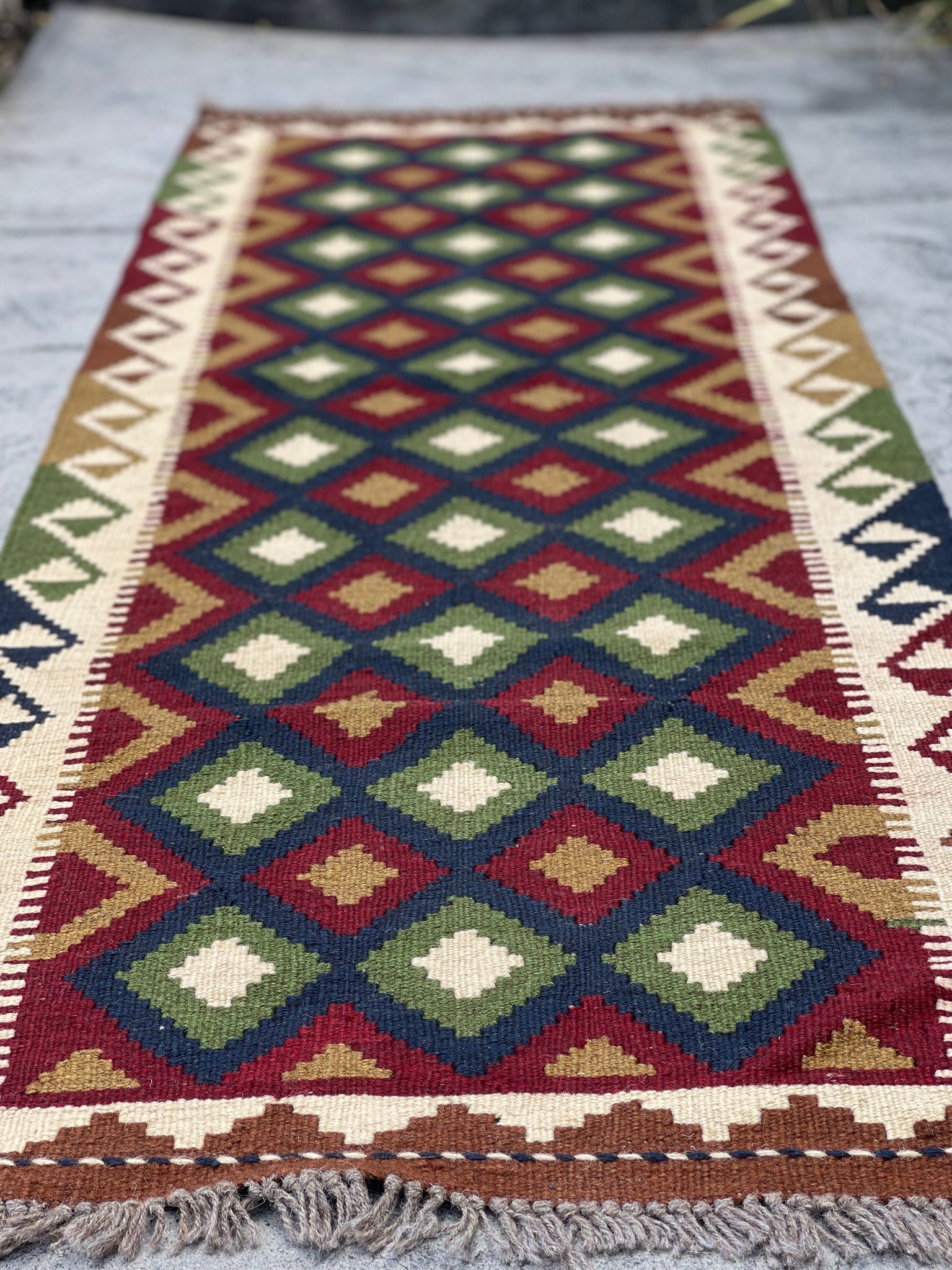 2x7 (60x215) Handmade Afghan Kilim Rug | Ivory Khaki Gold Brown Red Green Blue | Boho Bohemian Vintage Tribal Moroccan Turkish Outdoor