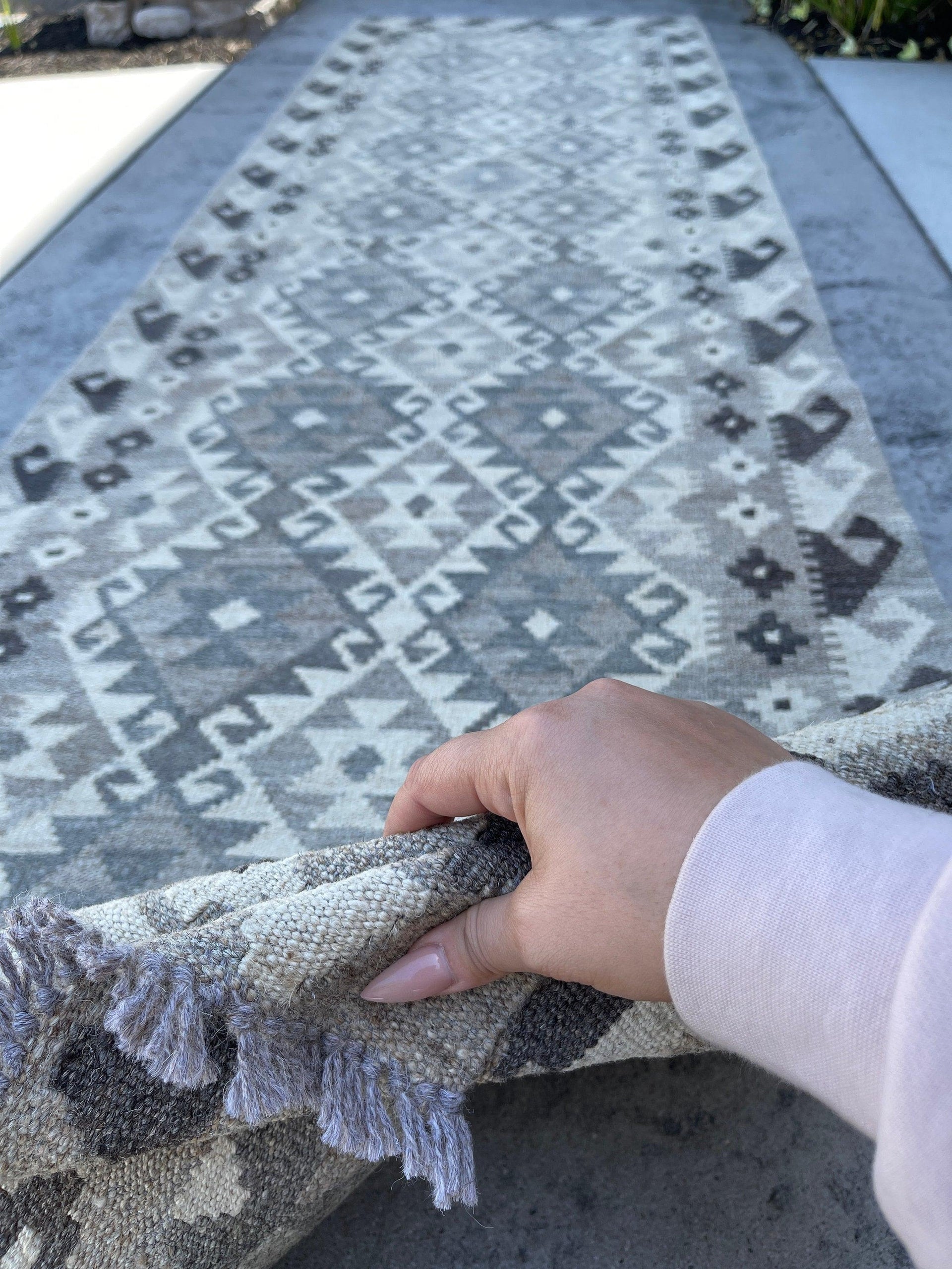 3x10 (90x305) Handmade Afghan Kilim Runner Rug | Light Grey Gray Ivory Cream | Flatweave Flat Weave Tribal Turkish Moroccan Oriental Wool