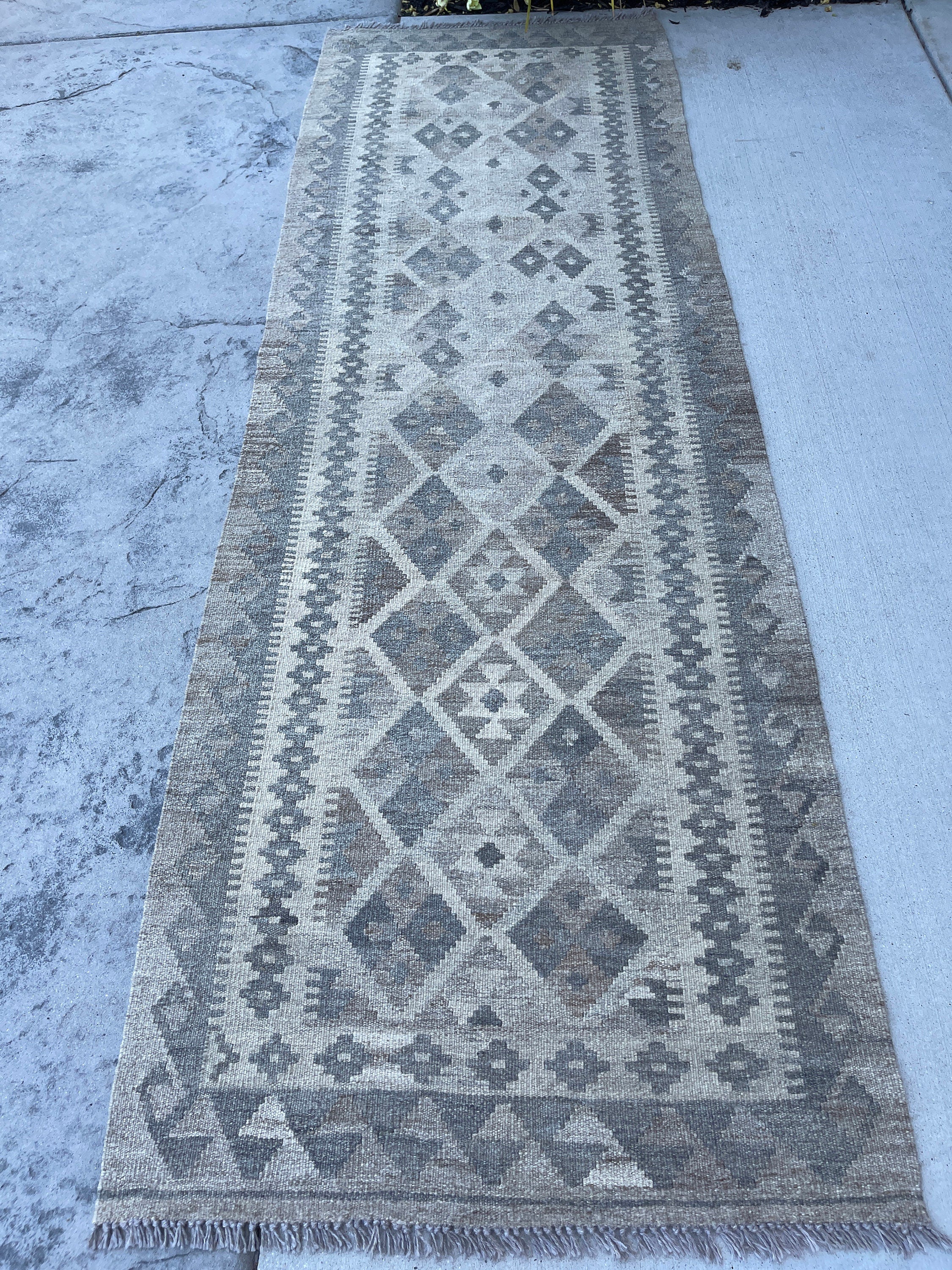 3x8 (90x245) Handmade Afghan Kilim Runner Rug | Light Grey Gray Beige Light Brown | Flatweave Flat Weave Tribal Turkish Moroccan Oriental
